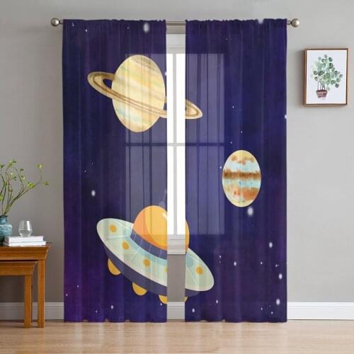 Universe Starry Space Planet Chiffon Tulle Curtains for Living Room Kitchen Bedroom Sheer Voile Yarn Window Treatment