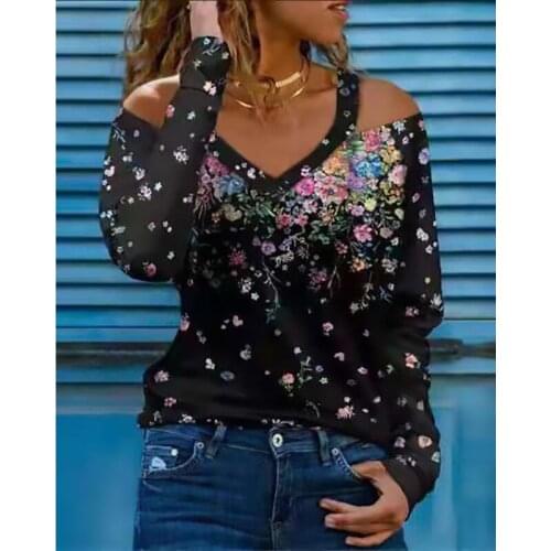 2021 Summer Womens Floral Printed Off Shoulder T-Shirts Ladies V-Neck Long Sleeve T-Shirts Casual Loose Street Plus Size Tops