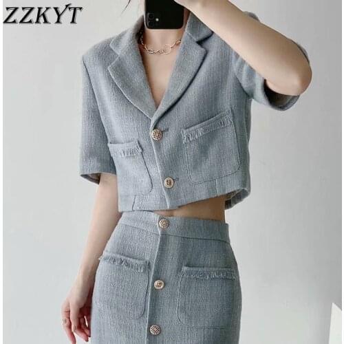ZZKYT 2021 Women Summer Fashion Solid Single Breasted Short Jacket Coat Vintage Lapel Collar Short Sleeve Casual Chic Tops Mujer