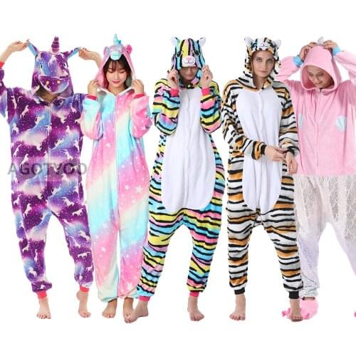 Women Unicorn Pajamas Sets Flannel Cute Animal Pajamas Kids Women Winter Tiger Cat Nightie Pyjama Sleepwear Homewear
