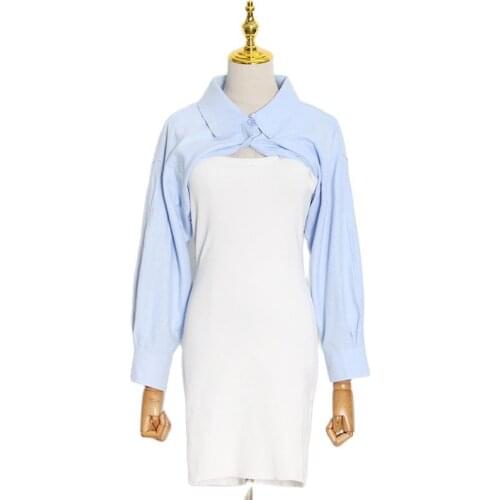 Patchwork Two Piece Dress Long Sleeve Mix Blue White Designer Asymmetrical Turn-down Collar Pullover Sweater Fashion Style 22166