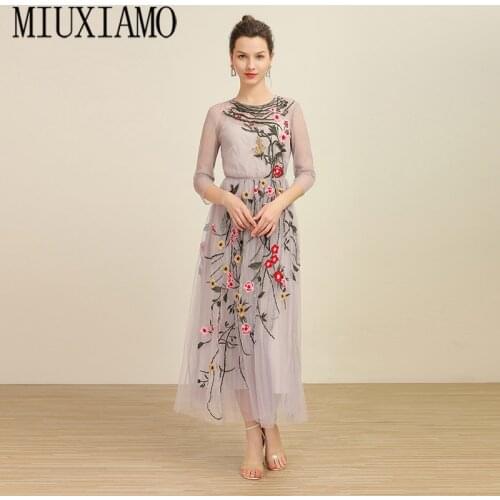 MIUXIMAO Luxurious 2020 Summer Dress Newest Gauze Embroidery Floral Casual Elegant Slim Casual Long Dress Women Vestidos