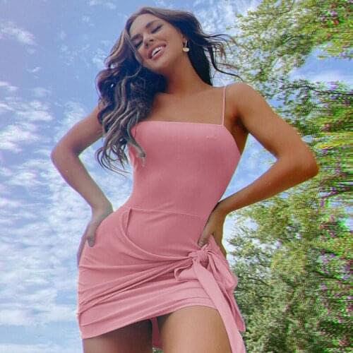 Europe and the United States 2021 summer new womens suspender one line collar slim open back sexy lace up dress bodycon dress