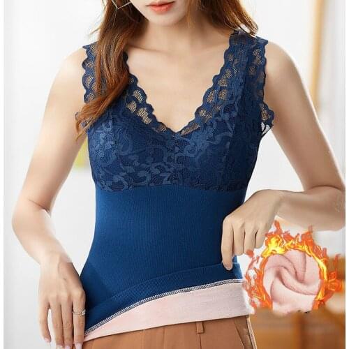 Women 2021 Autumn Winter Fashion Thermal Underwear Vest Tops Female Thicken Warm Bottoming Tops Ladies Lace Slim Vest Tops D434