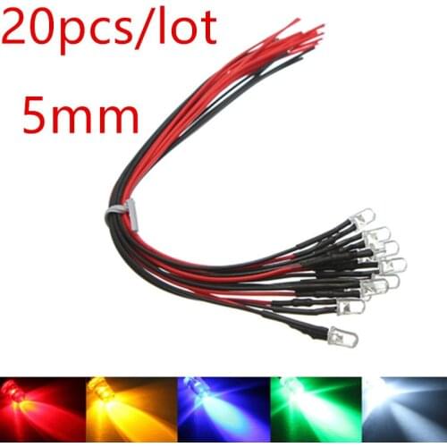 20PCS 5mm LED DC12V 20cm Pre-wired White Red Green Blue Yellow UV RGB Diode Lamp Decoration Light Emitting Diodes Pre-soldered