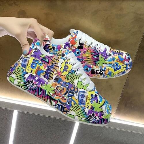 2021 Spring Printed Stylish Leather Shoes Women Lace Up Sublimation Graffiti Loafers Casual Shoes New Arrival