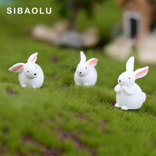 5pcs White Rabbit figurine cartoon Animal Model Moss landscape Resin Craft home miniature fairy garden decoration accessories