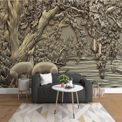 Customized papel de parede 3d, embossed forest elk mural for restaurant hotel background home decoration waterproof wallpaper
