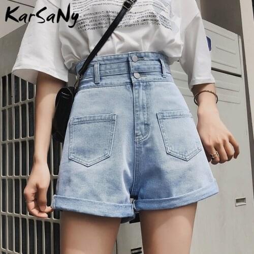 KarSaNy High Waist Shorts Women Denim Loose 2021 Summer Short Jeans Casual Light Blue Vintage Womens Denim Shorts Crimping