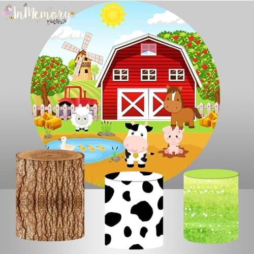 Round Background Cover Photography Backdrop Cartoon Farm Animal Children Birthday Party Photocall Wood Cow Table Cover Poster