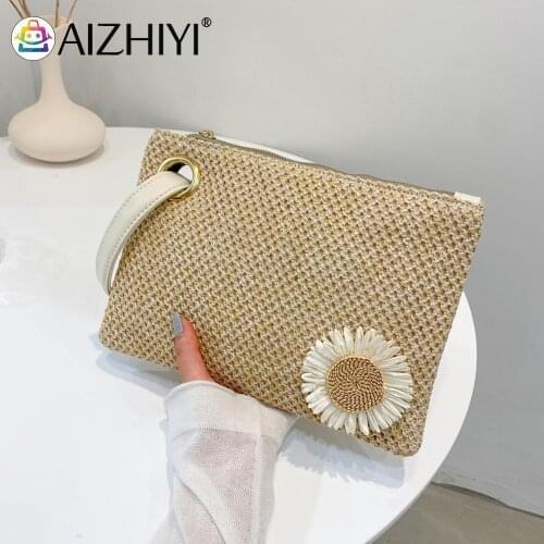 Fashion Women Beach Vacation Woven Sunflower Wristlet Bag Casual Ladies Small Handbags Purse