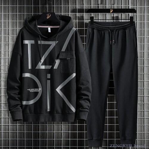 Mens spring autumn hooded sweater trousers sport wear black suit plus size trendy pocket two-piece suit 8xl 7XL tracksuit men