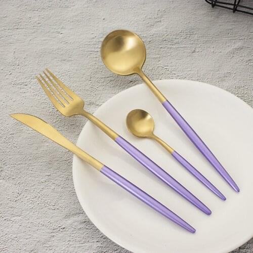 24pcs Purple Stainless Steel Cutlery Set Table Knife S poon Fork Sets Western Restaurant Golden Tableware Dinner Set