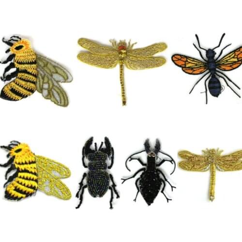 Beetles Dragonfly Bees Insects Patches Beading Tube Embroidered Punk Patches for Clothing Jeans T-Shirt DIY Motif Applique