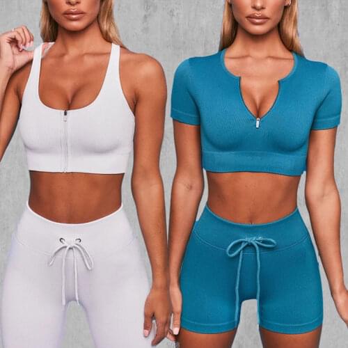 2021 New Threaded Sports Zipper Vest Yoga Short Sleeve Drawstring Shorts Fitness Trousers Yoga Suit Four Piece Suit