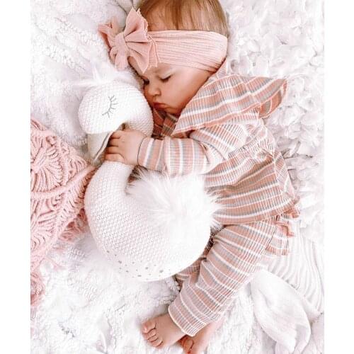 Baby Girls Autumn Suit Stripes O-Neck Ruffle Long-Sleeves Skirt-Like Top + Elastic-Waist Pants with Pleated Decoration