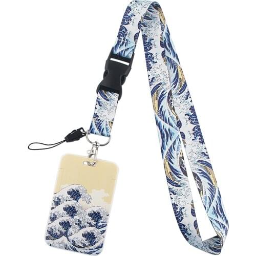 PF382 Japanese Art Waves Lanyard Credit Card ID Badge Holder Key Ring Bag Student woman Travel Bank Bus Card Cover Keychain