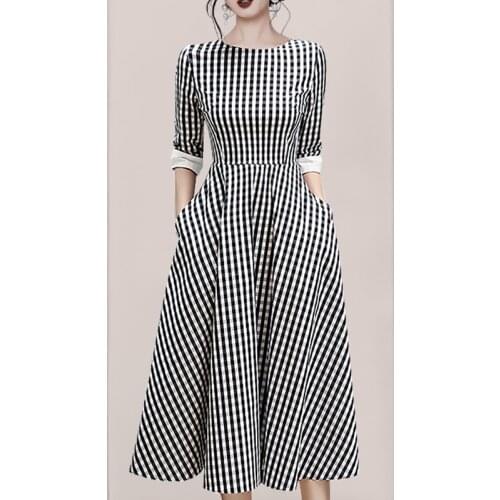 JSXDHK Elegant Women Black White Plaid Dress High Quality Fashion Summer O Neck Half Sleeve Pockets Ball Gown Midi Female Dress