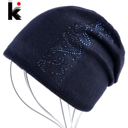 Rhinestone Solid Knitted Beanie Caps Women Autumn And Winter Beanies Bonnet Female Hiver Bonnets Femmes Girls Skullies Hat Gorro