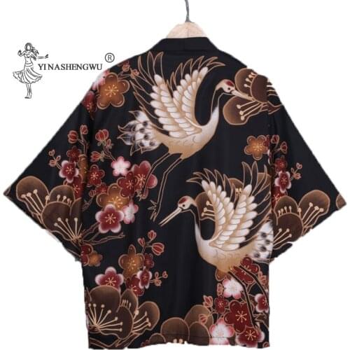 Plum Crane Print Kimono Men Japanese Style Traditional Fashion Women Kimono Cardigan Harajuku Streetwear Samurai Costume Yukata