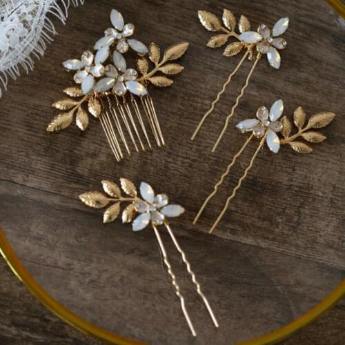 Bridal Hair Comb Hairpin Set Handmade With Fresh Water Pearls Wedding Hair Accesories Leaf Opal Crystal Bridal Head Pieces