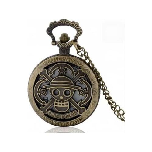 Bronze Copper Vintage One Piece Theme Skull Pattern Hollow Quartz Pocket Watch for Men Women Kids Gift Necklace Free Shipping