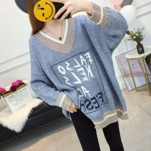 Knitted Sweater Autumn and Winter Clothing Plus Size V-neck Pullover Sweater Women Loose Korean Long-sleeved Womens Sweater