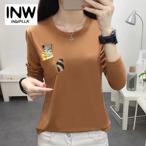 Embroidery T-shirts Women Tshirt O-neck Long Sleeve T-shirts Women Autumn Tops Tee Shirt Femme 2019 Cotton Camisetas Large Size