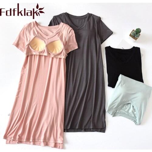 Fdfklak Womens nightgown Summer Short Sleeve Modal With Chest Pad Sleeping Dress Nighty For Ladies Night Wear Plus Size M-XXL