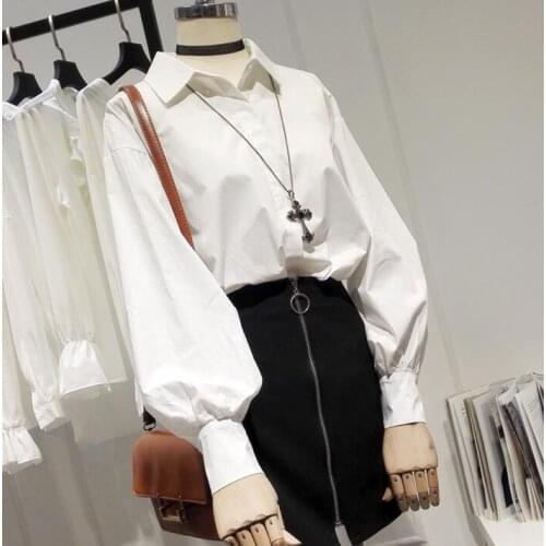 Womens spring autumn long lantern sleeve brief white shirt female casual loose basic OL Shirt plus size chic Blouse TB581