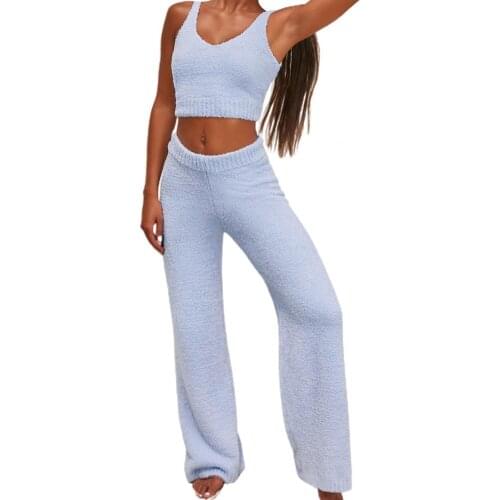 Pant Suits Women Autumn Leisure elegance Backless Crop Top Vest Pants Plush Two Piece Outfit Matching Set Womens Clothing 2021