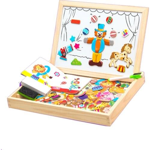 Animal Wooden Toys Magnetic Easel Board Jigsaw 3D Puzzle Toy Box With Board For Children Draw Educational Learning Toy Kids Gift