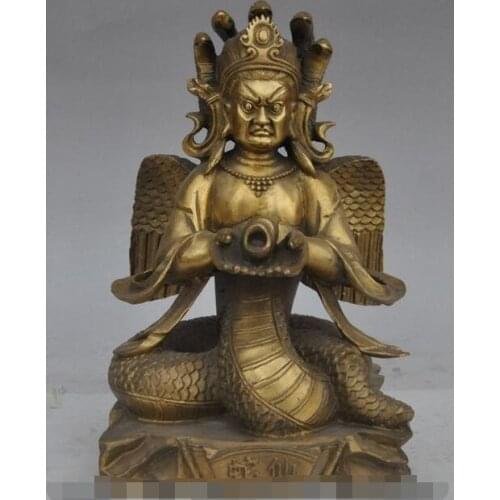 Chinese Bronze 5 Heads Snake Fairy Immortal Naga Kanya Kwan-yin Buddha Statue