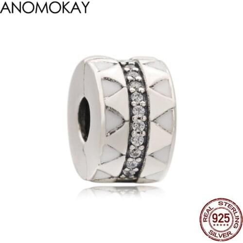 Anomokay Classic White Enamel Jagged Line Positioning Button Charm fit Bracelet & Bangle 925 Silver Stop Locker Beads