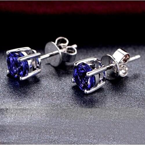 Classic Round Cut Blue Zircon Stud Earrings for Men Womens Simple Crystal Earrings Unisex Wedding Jewelry Accessories