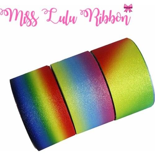 3"75mm Rainbnow Stripes Gradient Color Shiny Glitter Leather Fabric Ribbon DIY Gift Bowknots Hair Band 50yards/roll