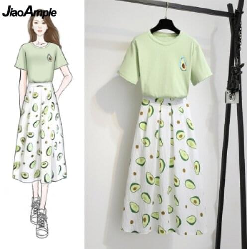 Summer Womens Dress Suit 2021 New Plus Size Short-Sleeved T-Shirt Skirt Two-Piece Fashion Printed Casual Crop Top Skirts Set