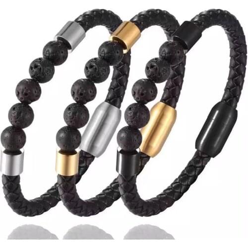 2021 New Retro trend mens leather bracelet natural stone energy bead stainless steel bracelet mens punk jewelry