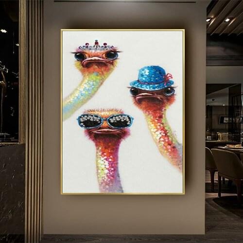 New Design Artist Hand-painted High Quality Ostrich Oil Painting on Canvas Funny Baby Bird Ostrich Oil Painting for Kids Room