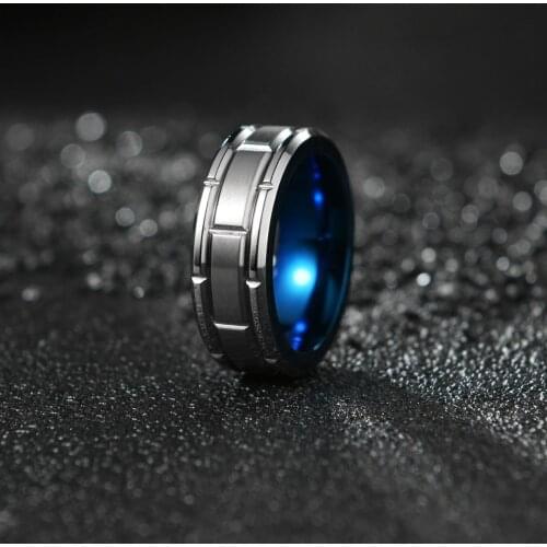 Silver Color Engagement ring combination ring hole blue 8MM wide tungsten steel ring size 8-12