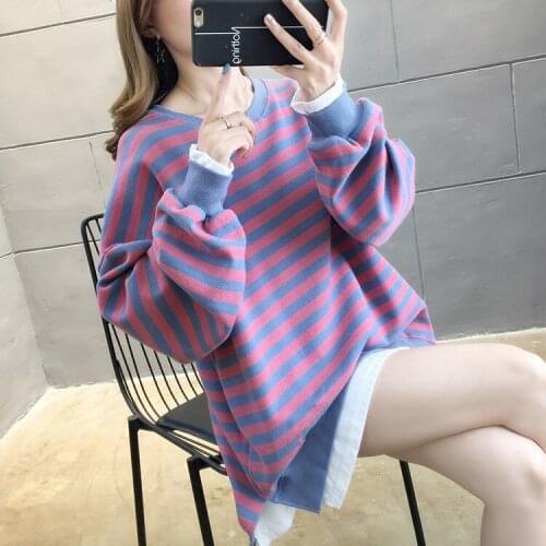 #7061 Autumn Cotton Thin Sweatshirts Ladies Striped Long Sleeve Tops Girls Plus Size Sweatshirt Woman Casual Loose Side Split