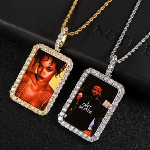 Hip Hop Square Custom Photo Iced Out Bling Solid Back AAA Cubic Zirconia Personalized Necklace & Pendant For Men Jewelry