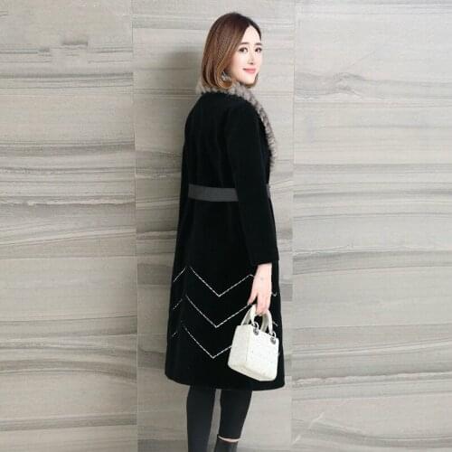 2020 Real Wool Coat Sheep Shearling Coats Long Warm Winter Jackets for Women Natural Mink Knitted Fur Collar Y826