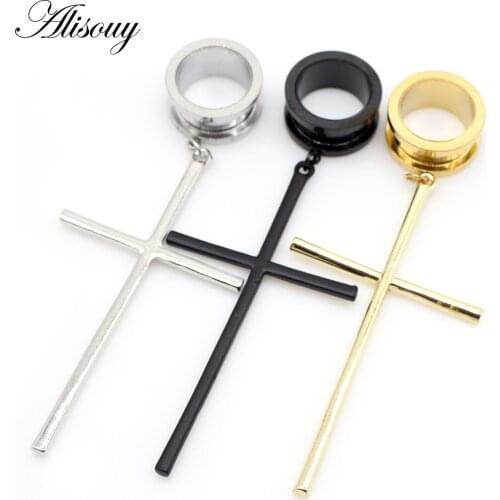 Alisouy 2PC Ear Piercing Dangle Cross Ear Plugs and Tunnels Stainless Steel Oreja Dilatacions Ear Expander 6-25mm Body Jewelry