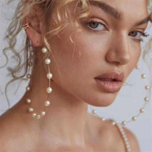 DIEZI Korean Fashion Vintage Gold Big Round Pearl Hoop Earring for Women Girls geometric Circle Earrings Femme Ladies Jewelry