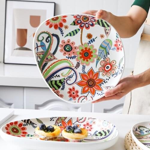 Nordic Hand-painted Ceramic Salad Plate Tableware Pizza Plate Ceramic Western Food Tray Pasta Bowl Snack Plate Fruits Plates