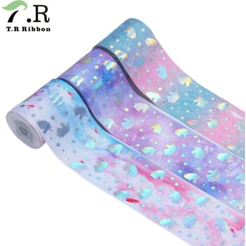 T.R RIBBON 75mm iridescent sliver unicorns printed grosgrain ribbon galaxy ribbon
