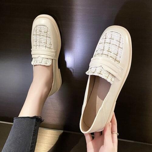 Casual Low Heels Shoes Women Big Sized Loafers Leather Square Toe Slide Slip on Pumps Patchwork Shallow Oxford Black Apricot