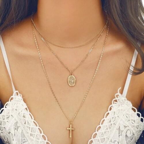Vintage Exaggerated Multilayer Religious Goddess Cross Pendant Necklace Women Gold Chain Long Necklace Jewelry Maxi Kolye YN202