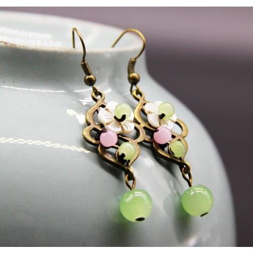 Vintage dangle earrings, New Original handmade nature stones shell earrings ,New Ethnic jewelry Chalcedony ethnic earrings